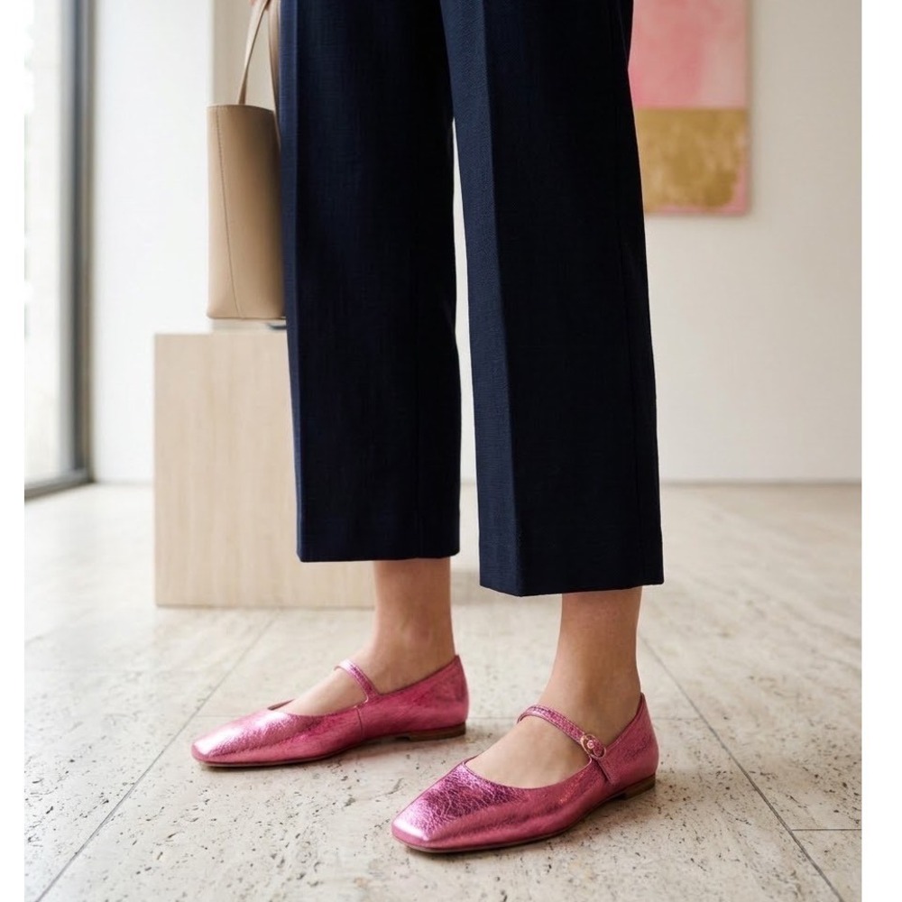 Boden Penelope Metallic Pink Leather Mary Jane Square Toe Flats 36 Coquette Girl